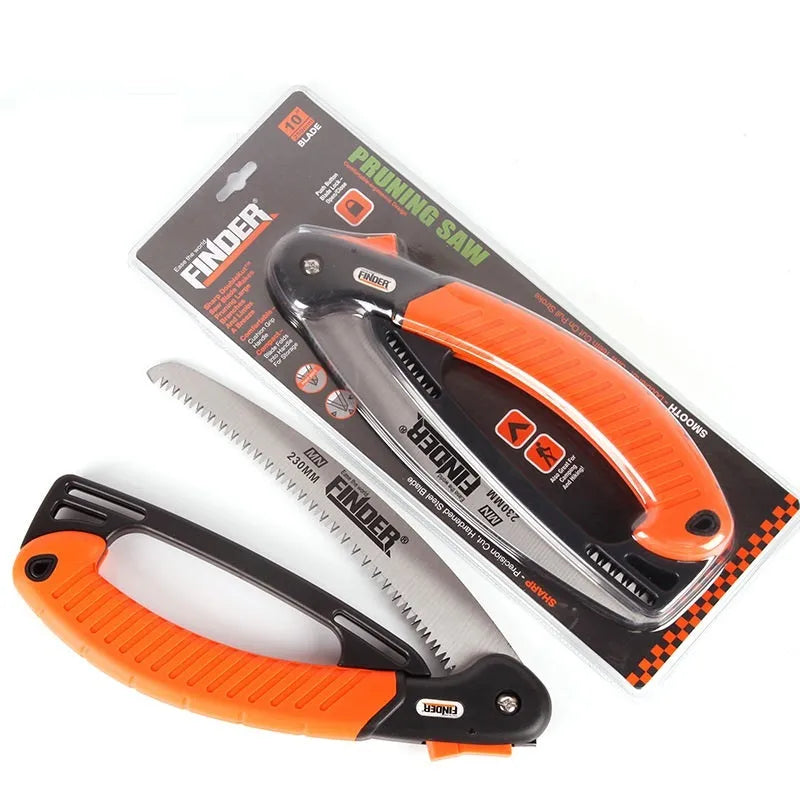 Folding garden saw with orange TPR grip and 9-inch steel blade extended for cutting