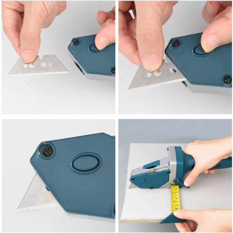 Blue multifunctional woodworking cutter with aluminum alloy frame, TPR handle, and integrated tape measure.