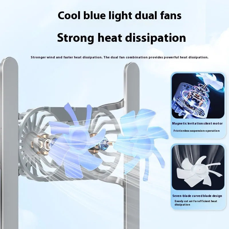 Aluminium alloy laptop cooling stand with dual fans and adjustable height mechanism, shown in silver colour