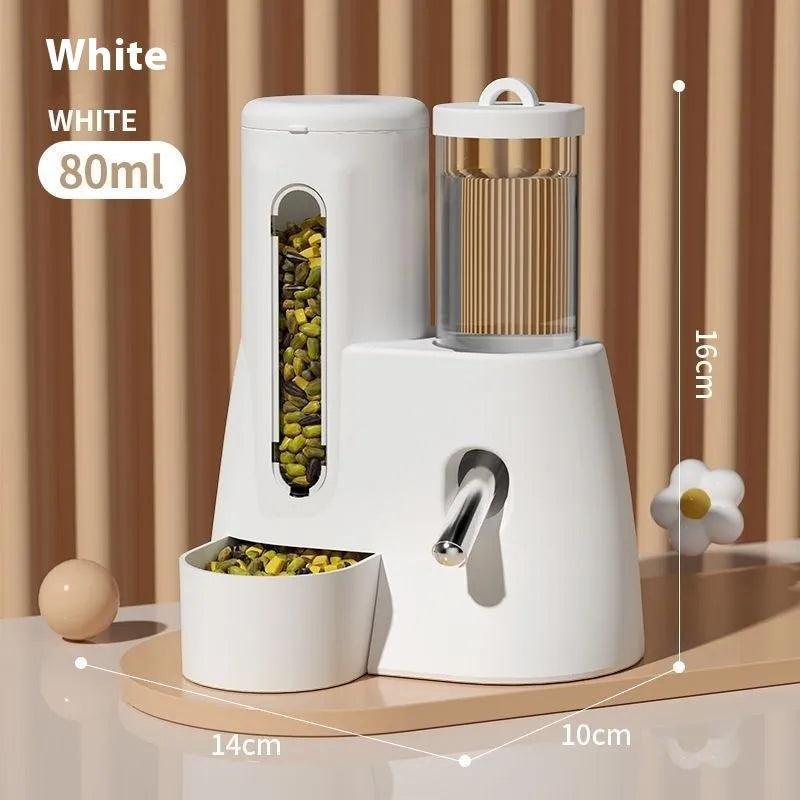 White, blue, and pink hamster automatic drinking water feeder with food basin for small pets