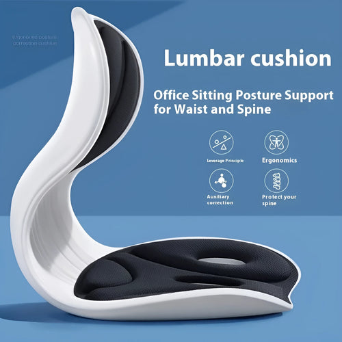Memory foam seat cushion in solid colour on a chair, shown in small and large sizes.