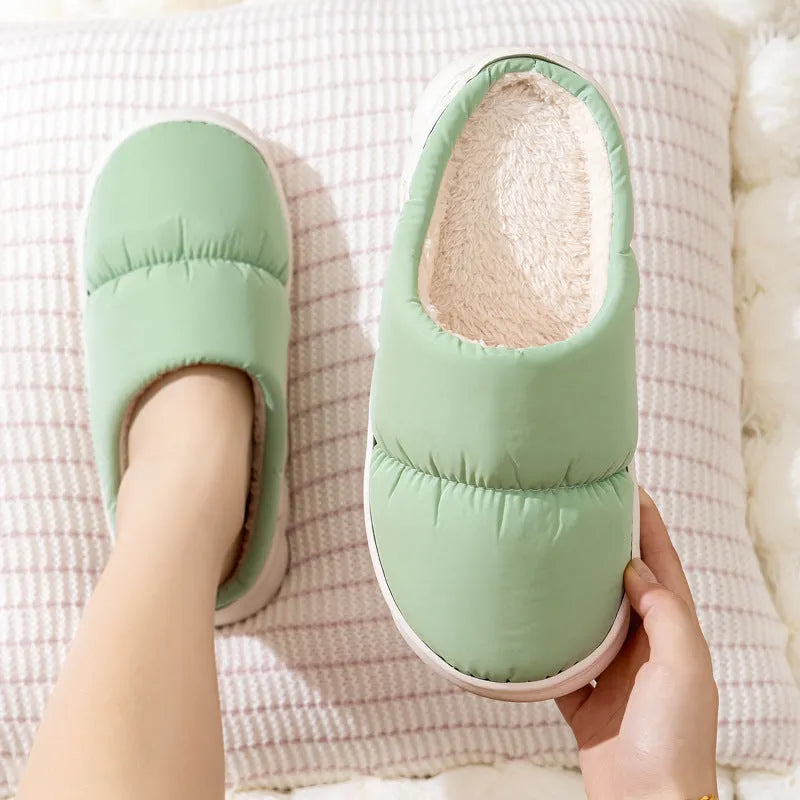 Down cotton plush slippers with thick rubber soles in blue, green, grey, pink, or yellow colours