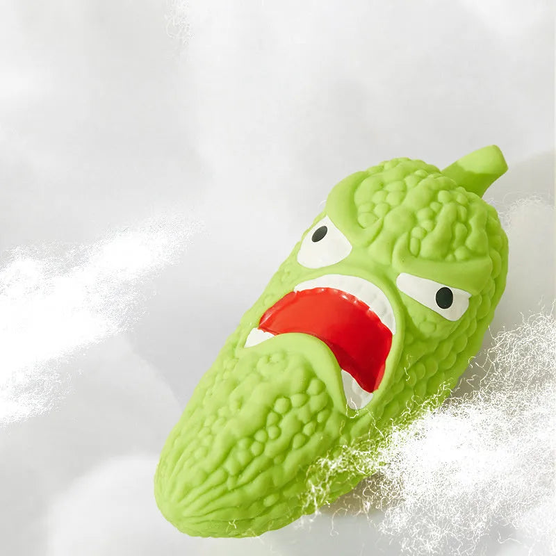 Dog chew toy in bitter gourd or chili pepper shape with sound feature for dental grinding