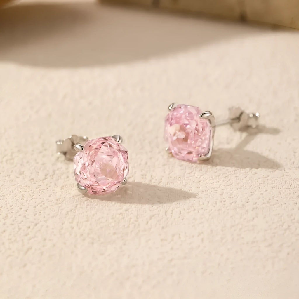 Pink S925 sterling silver rose flower stud earrings for women in 6mm and 8mm sizes.