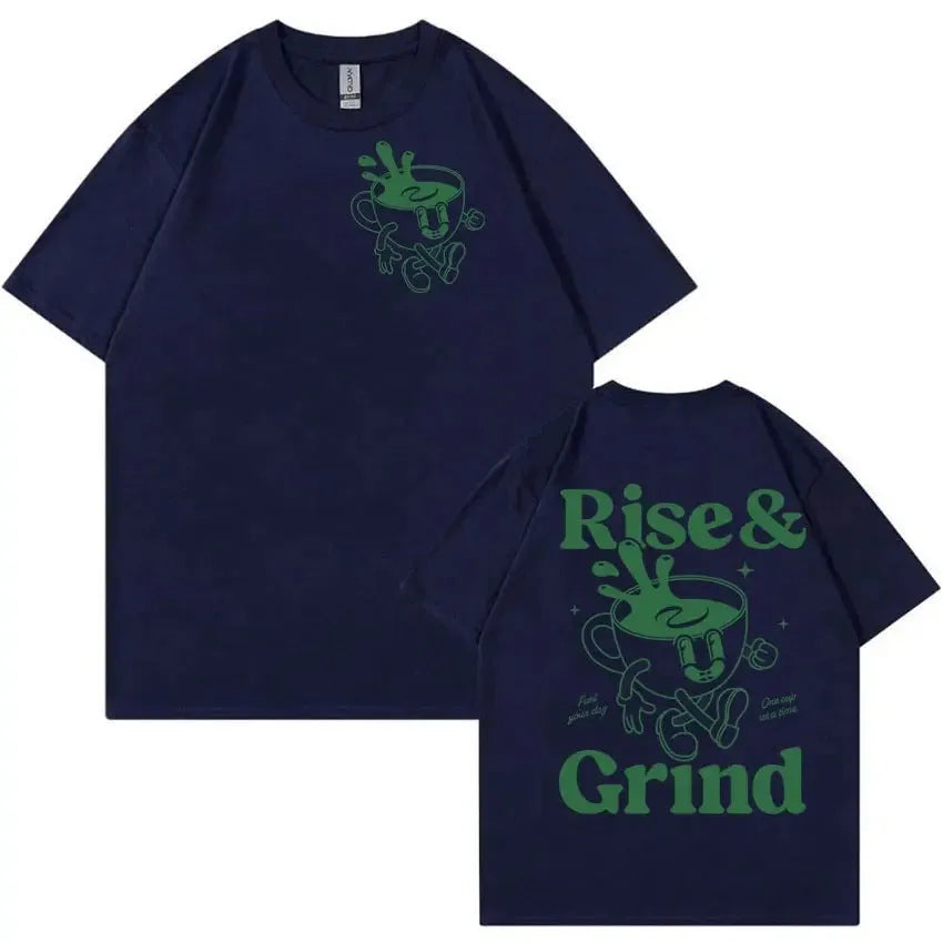Loose-fit men's t-shirt with 'Rise and Grind' green coffee cartoon graphic in linen blend fabric