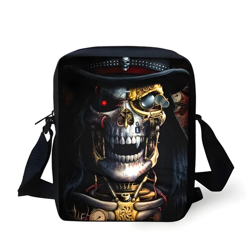 Children's skull print messenger bag with double straps and 20-35 litre capacity
