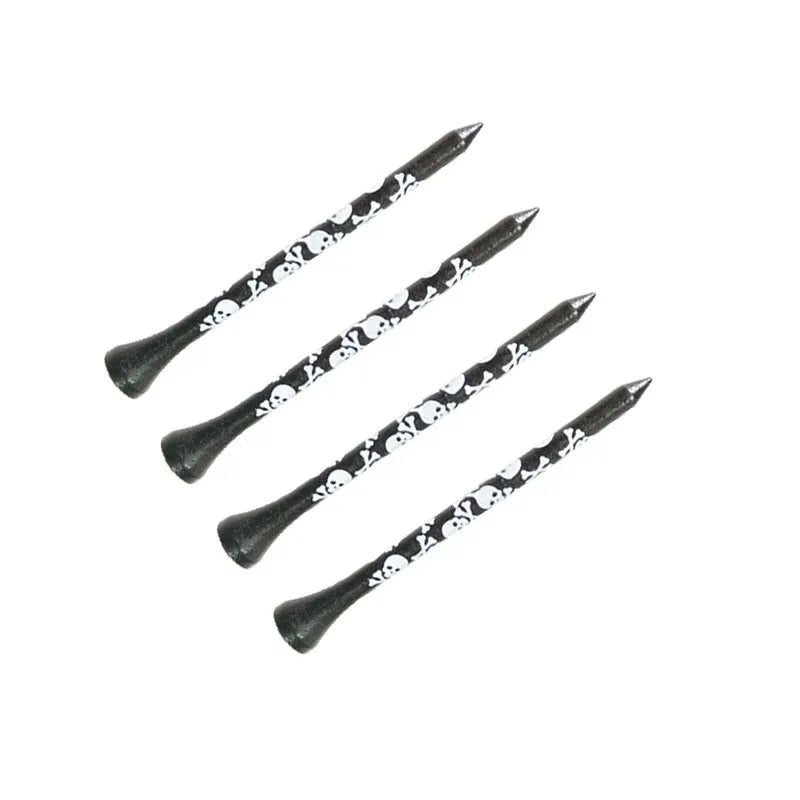 Ten black bamboo golf spike dowel pins with skull print decoration in 70mm and 83mm lengths