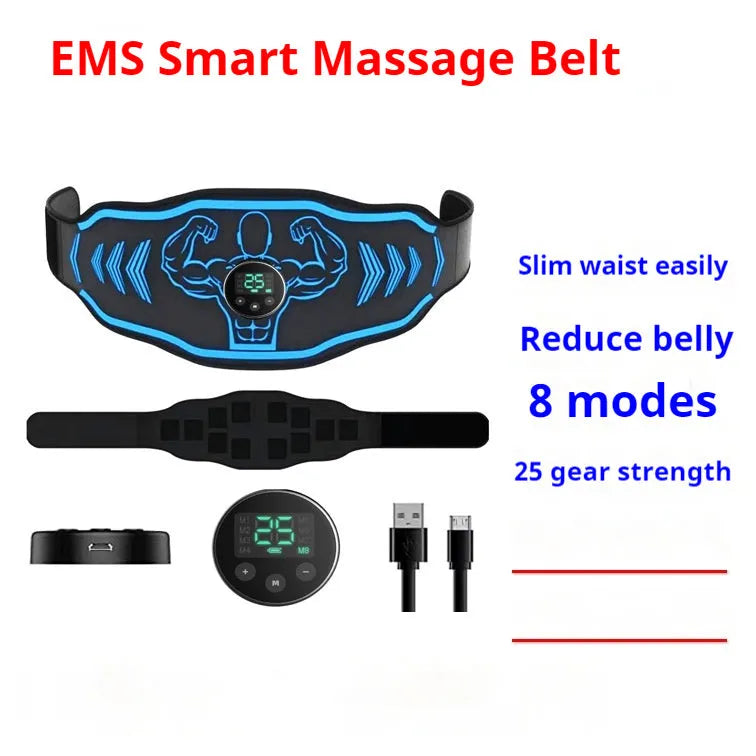 Smart EMS massage belt with rechargeable host unit and arm electrodes in orange and blue colour options