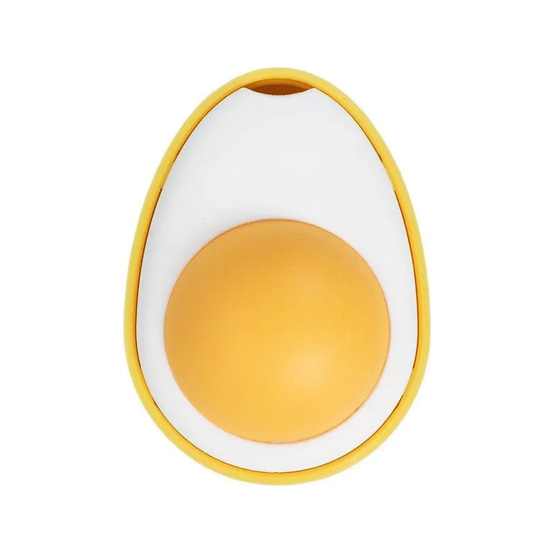 Soft plush catnip ball toy with suction cup mounted on a wall, shown in fried egg and poached egg shapes.