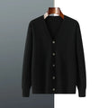 Man modelling a loose V-neck cardigan coat in Andy Velvet knitted fabric.