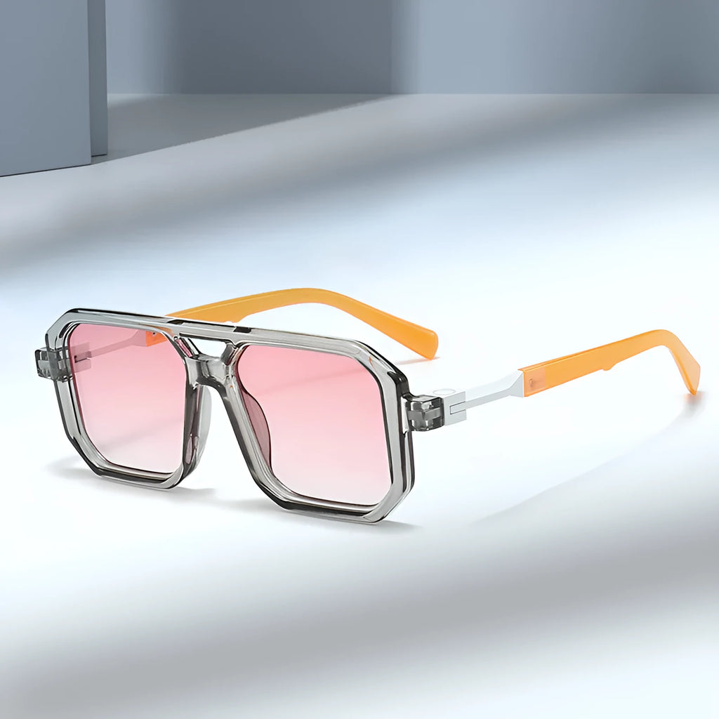 Retro double beam pilot catwalk sunglasses shown in a selection of frame and lens colour options.