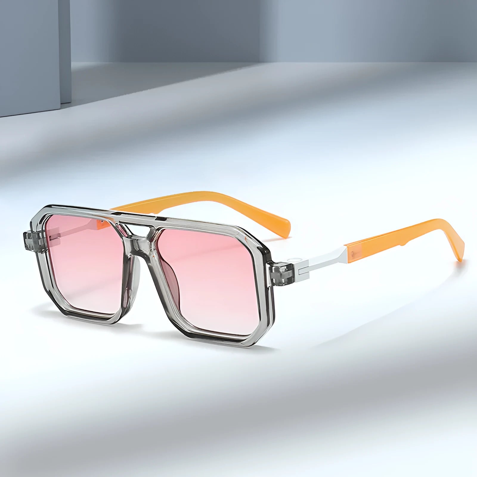 Retro double beam pilot catwalk sunglasses shown in a selection of frame and lens colour options.