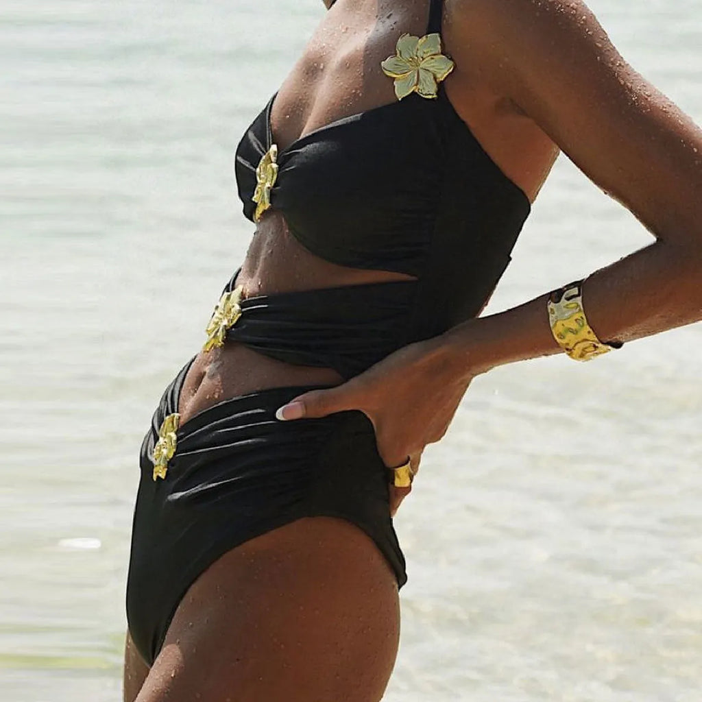 Solid colour high-waisted one-piece swimsuit for women with a separate matching short skirt.