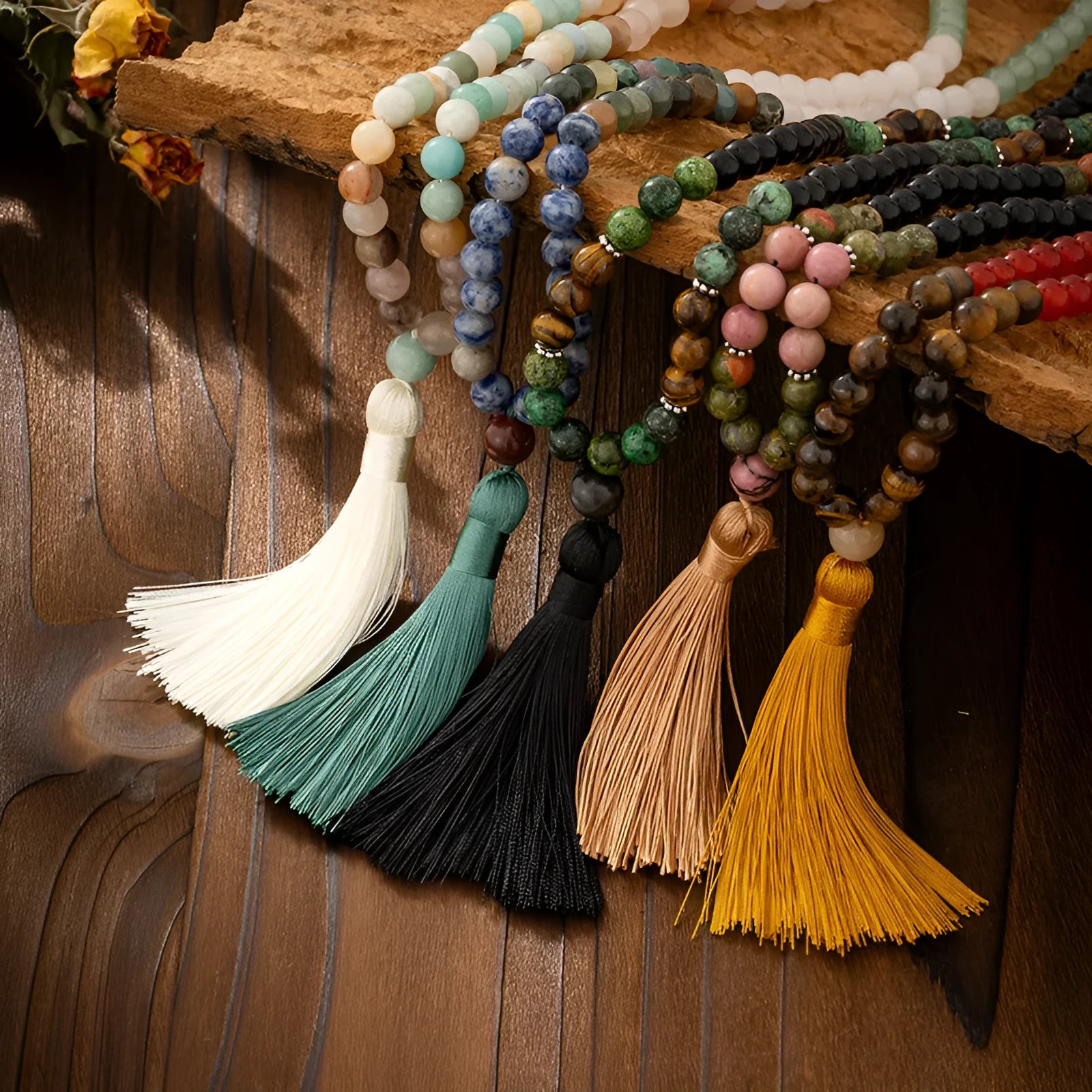 Vintage bohemian long beaded necklace and bracelet set in geometric ball chain design.