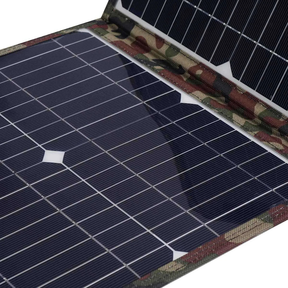 Black foldable solar panel unfolded showing three solar cells with car charger and USB accessories