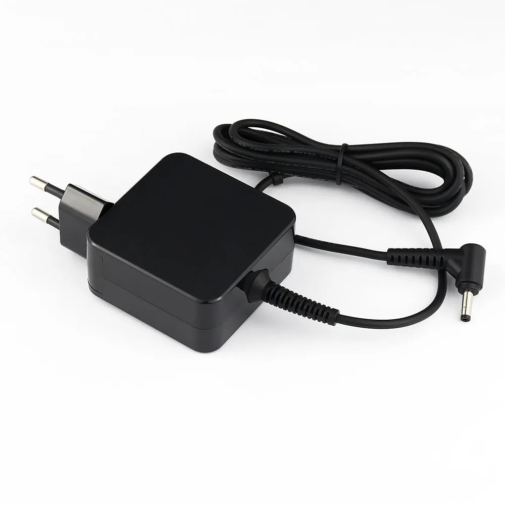 Black 45W laptop adapter with American DC connector showing compact dimensions