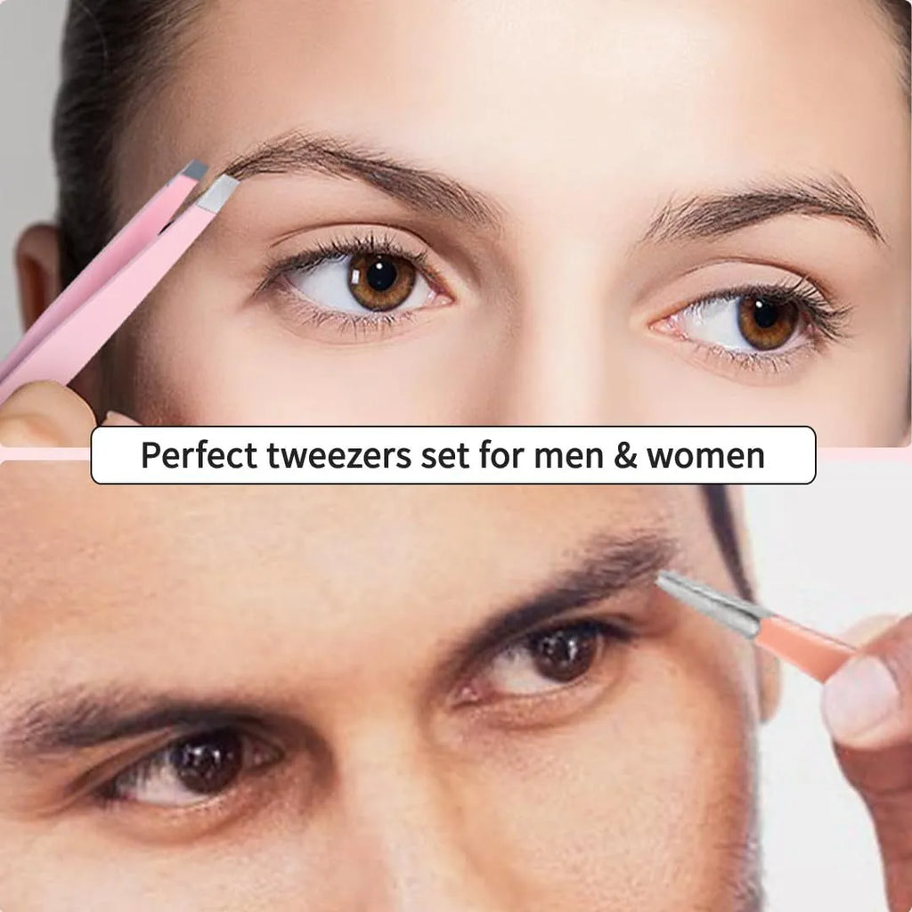 Professional six-piece eyebrow tweezers set with stainless steel tools and leather protective case