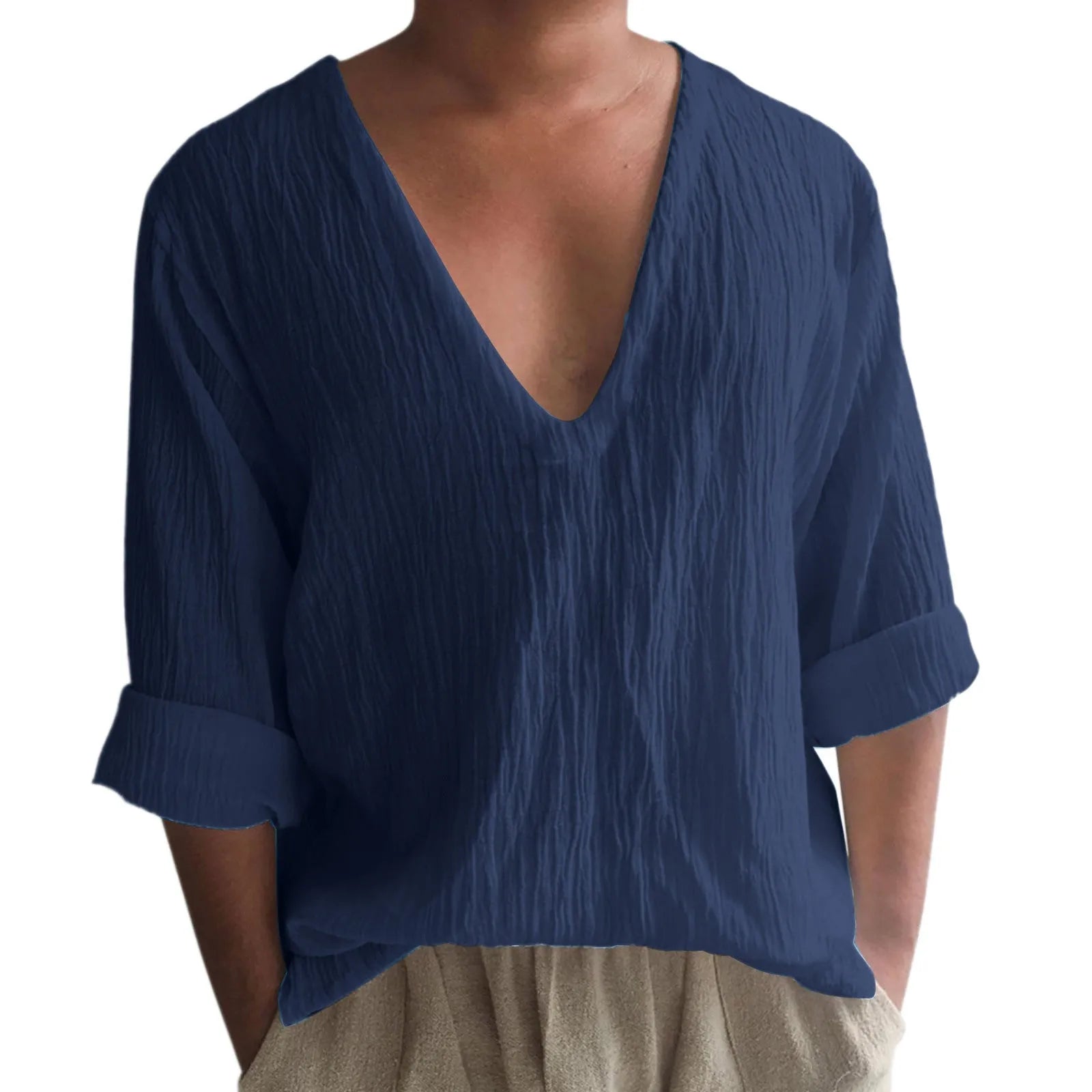 Men's washed cotton long sleeve V-neck t-shirt in solid colours on a hanger.