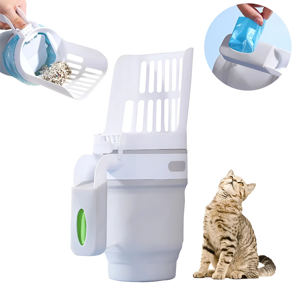 Grey foldable cat litter scoop and bin system with non-slip handle next to a litter box.