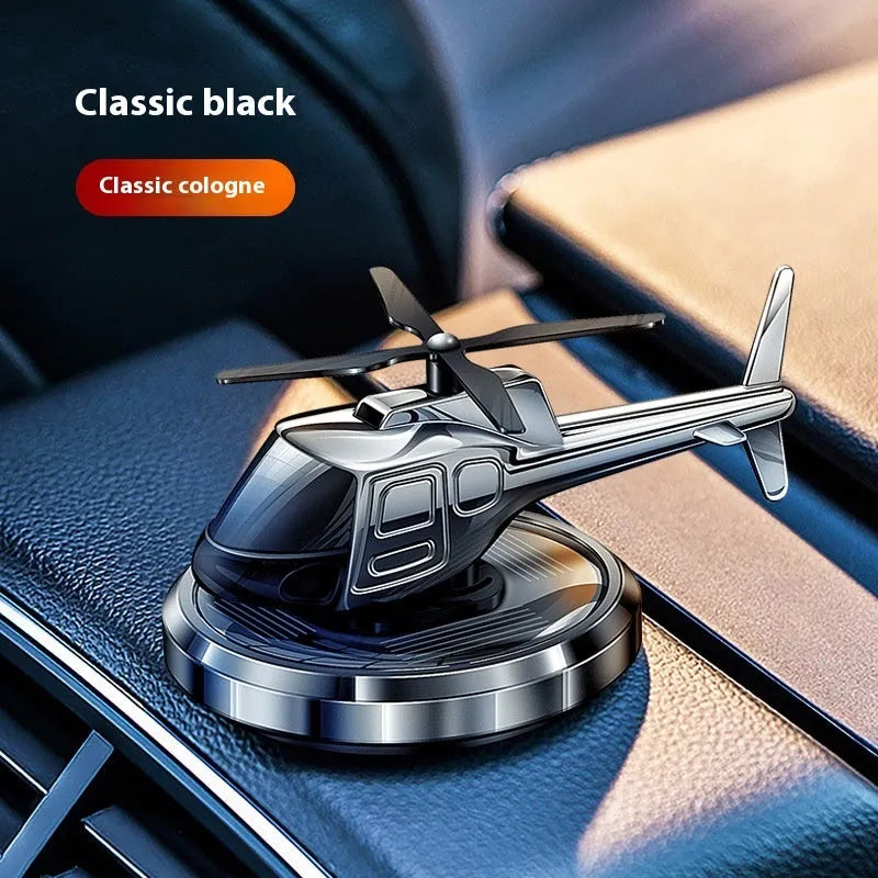 Metal solar helicopter car perfume rotating on dashboard in silver black or blue