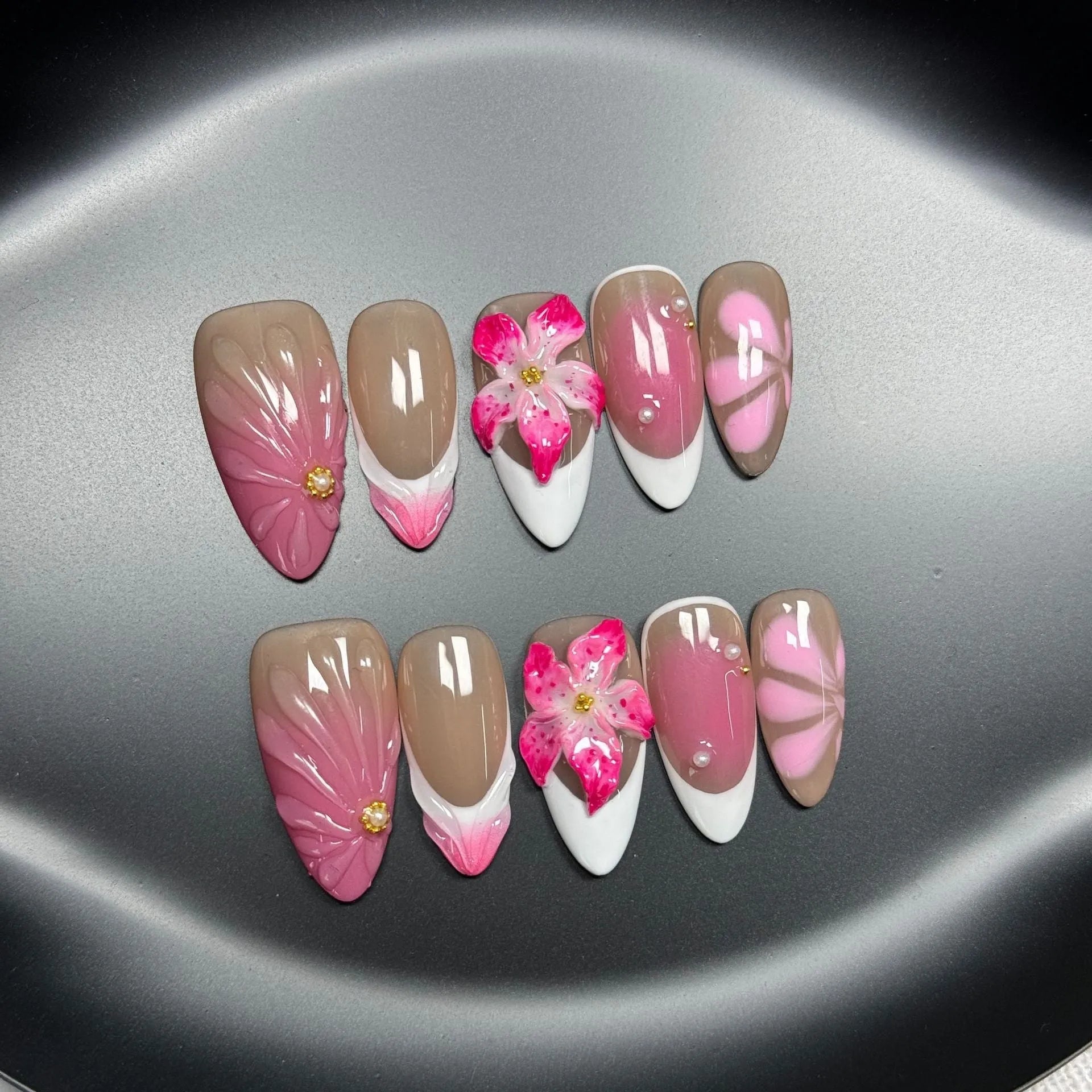 French style manicure plastic wearable armour with three-dimensional lily ice flower design in almond style