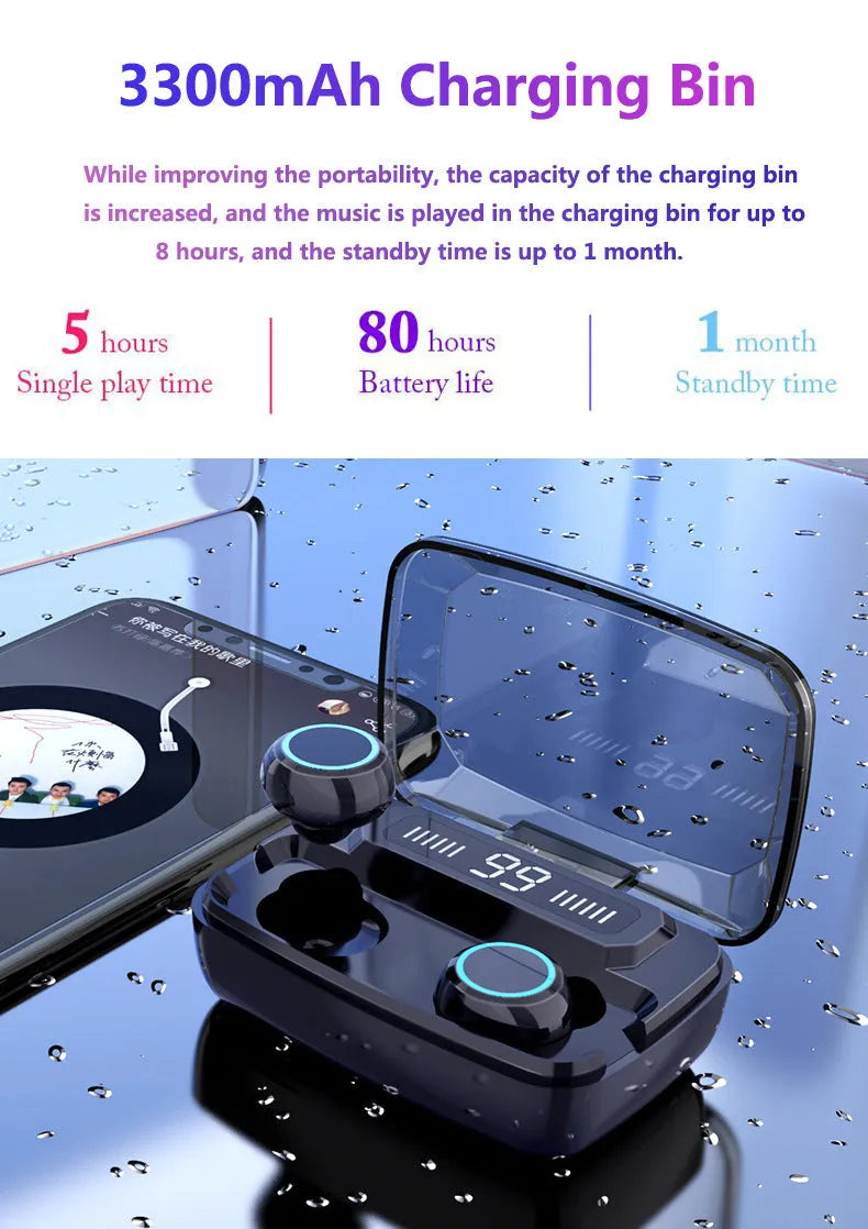 Black M11 wireless Bluetooth in-ear headphones with a digital display charging case.