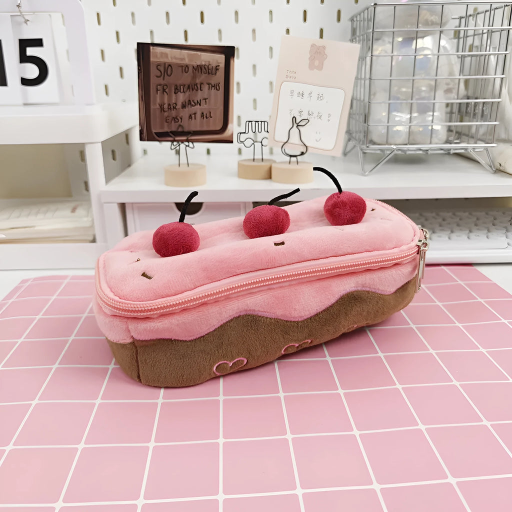 Korean style cherry cake design plush pencil case made from soft red velvet fabric.