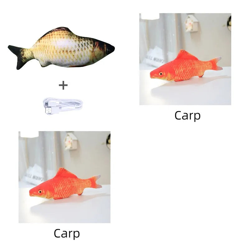 Electric jumping fish simulation cat toy showing multicolor options and USB charging cable.