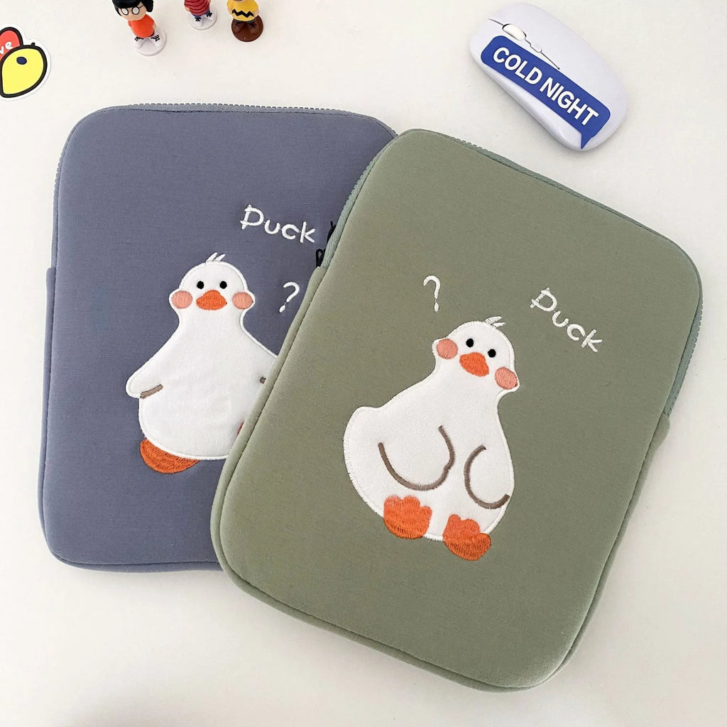 Cotton tablet case with embroidered cartoon duck design and zipper closure
