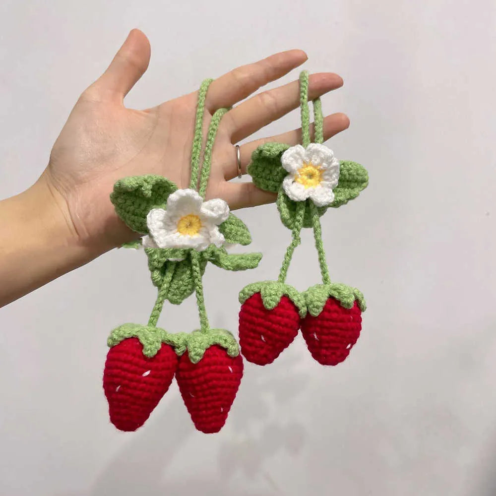 Handmade strawberry-shaped car pendant woven from cotton and hemp with Lily of the Valley hook knitting wool technique