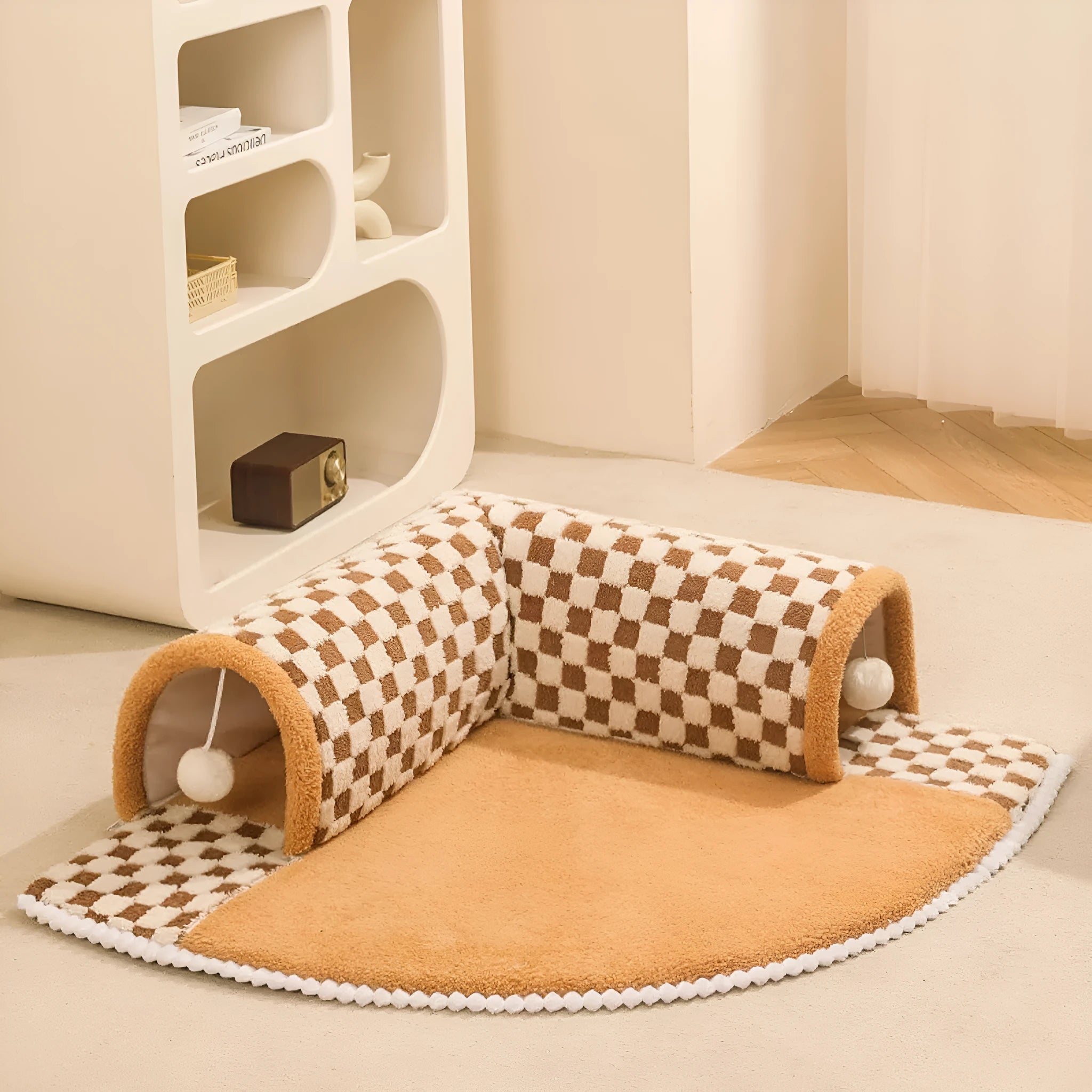 XL fan-shaped plush pet bed tunnel with a coffee plaid pattern and anti-slip base.