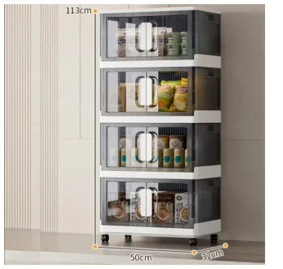 A foldable white PP plastic storage locker with wheels and multiple adjustable internal shelves.