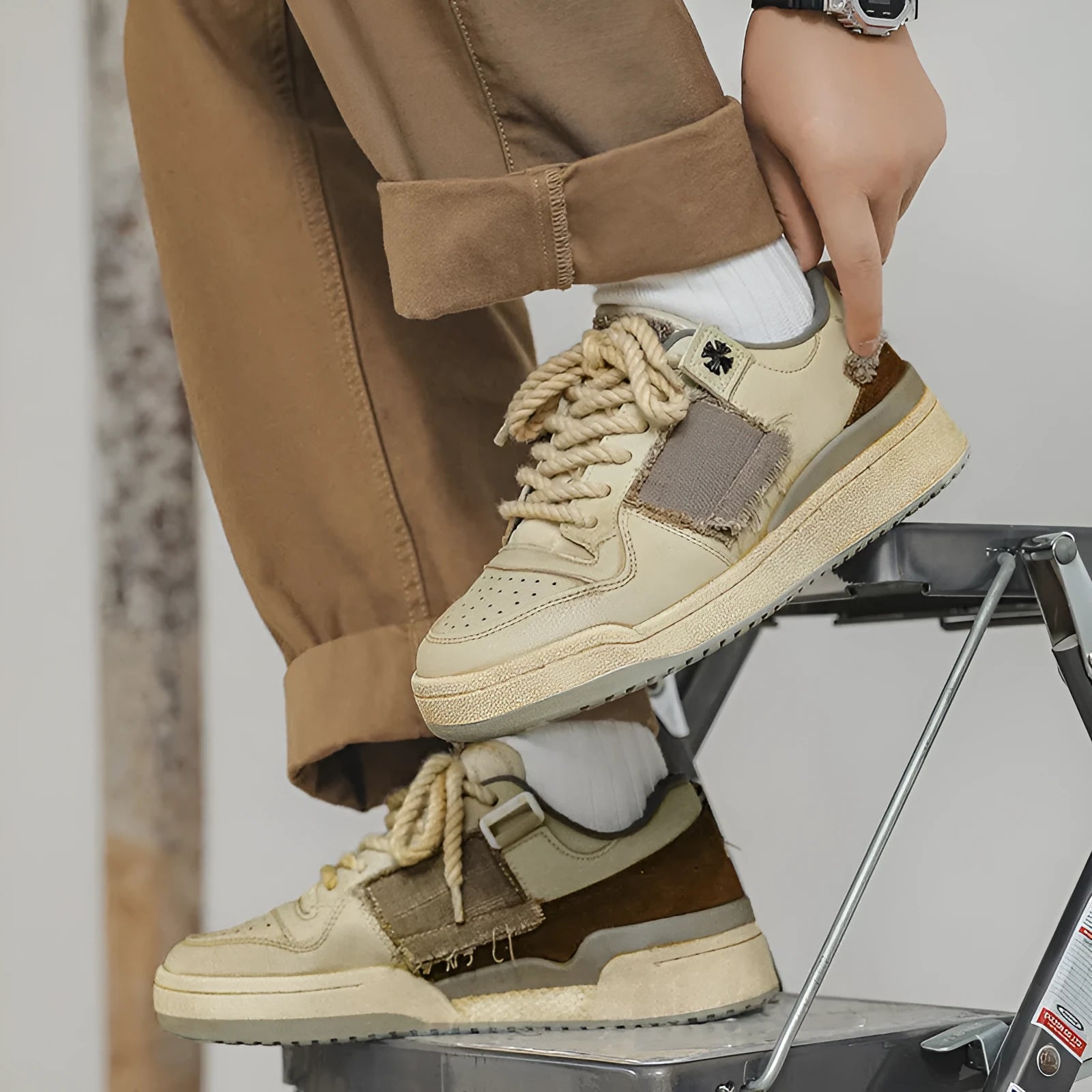 Beige low-top vintage skateboard shoes with round toe and rubber sole