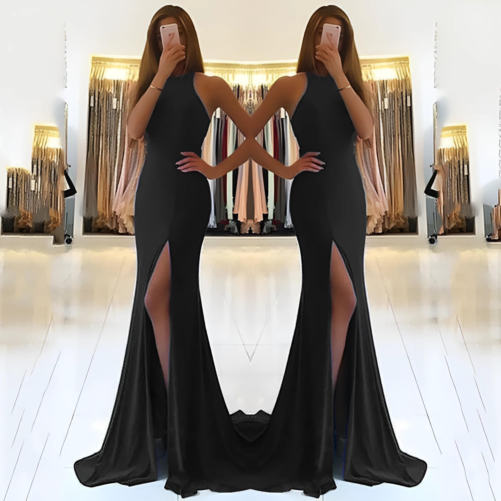 Long red ladies evening dress with a high waist and large swing skirt, featuring a zipper closure.