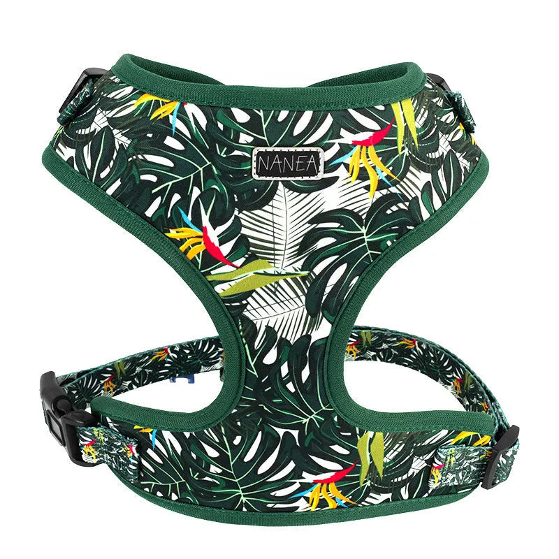 Six-piece adjustable cloth dog harness set with lead, collar, waste bag, bow tie, and scarf.