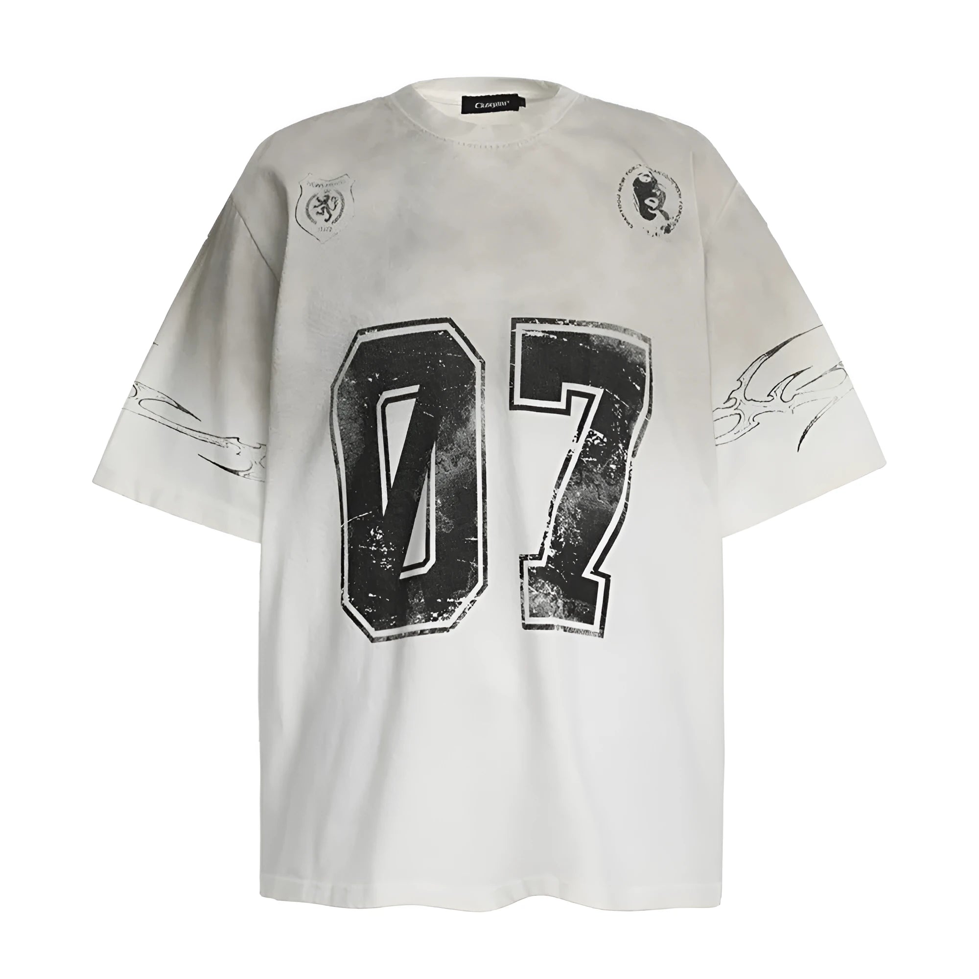 Man wearing a black printed cotton short-sleeved t-shirt, showing front design.
