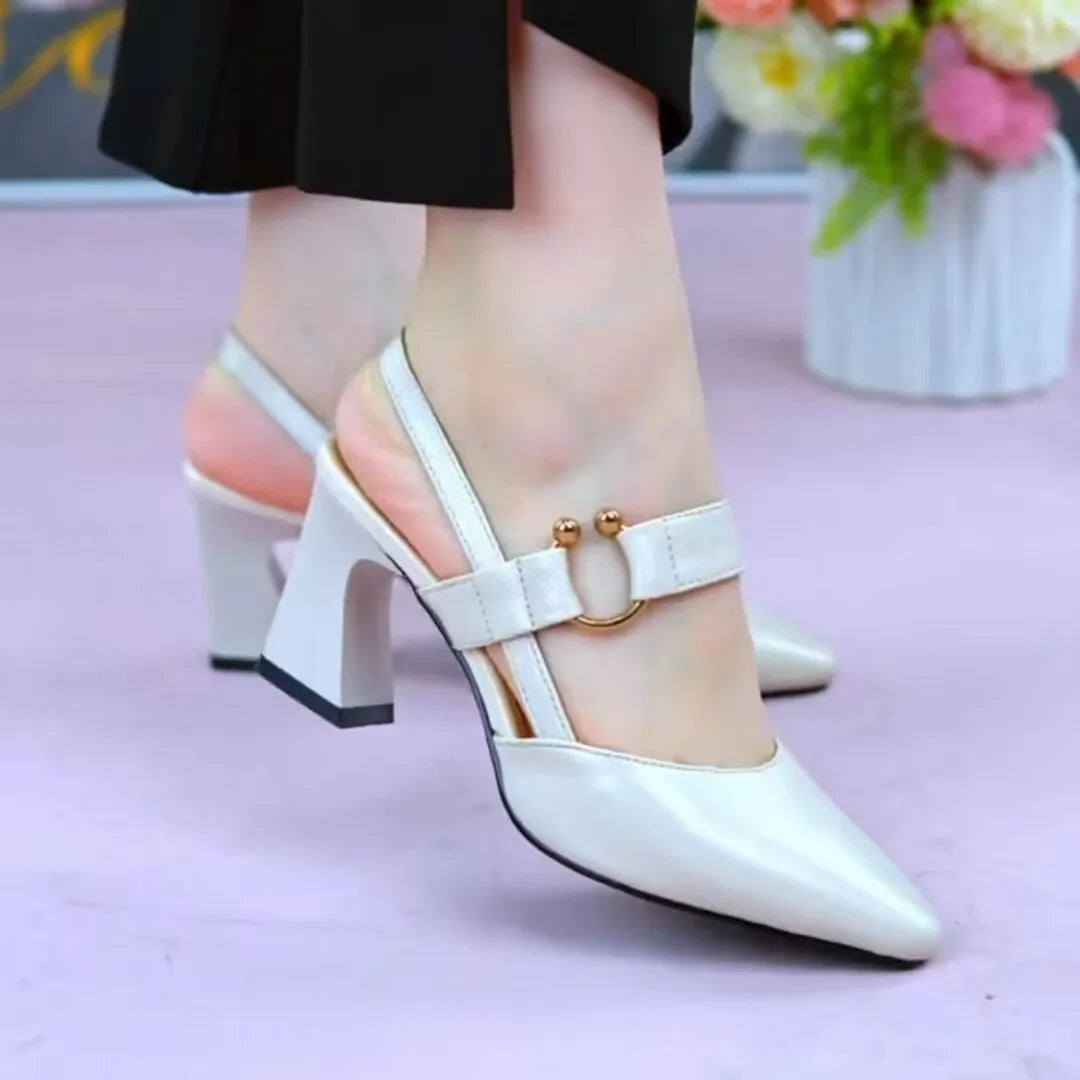 Women's apricot coloured closed toe sandals with a chunky heel, made from pigskin leather.