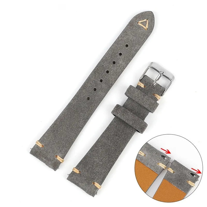 Genuine suede leather watch strap in brown, shown fitted to a watch with a 20mm lug width.
