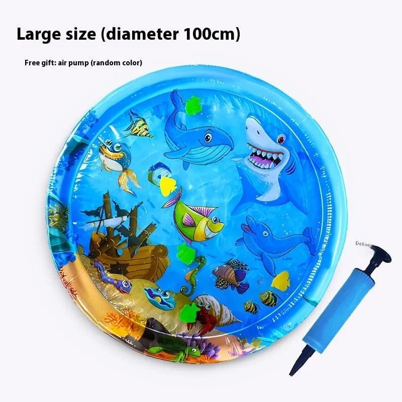 PVC inflatable water bed cooling mat for dogs and cats on a floor, showing dolphin design.