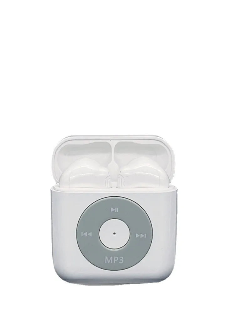 White wireless Bluetooth earphones with charging case on a white background.