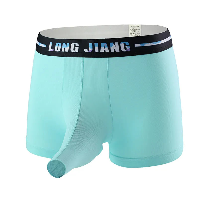 Men's breathable ice silk trunk open boxer shorts in Army Green colour on a mid waist mannequin.