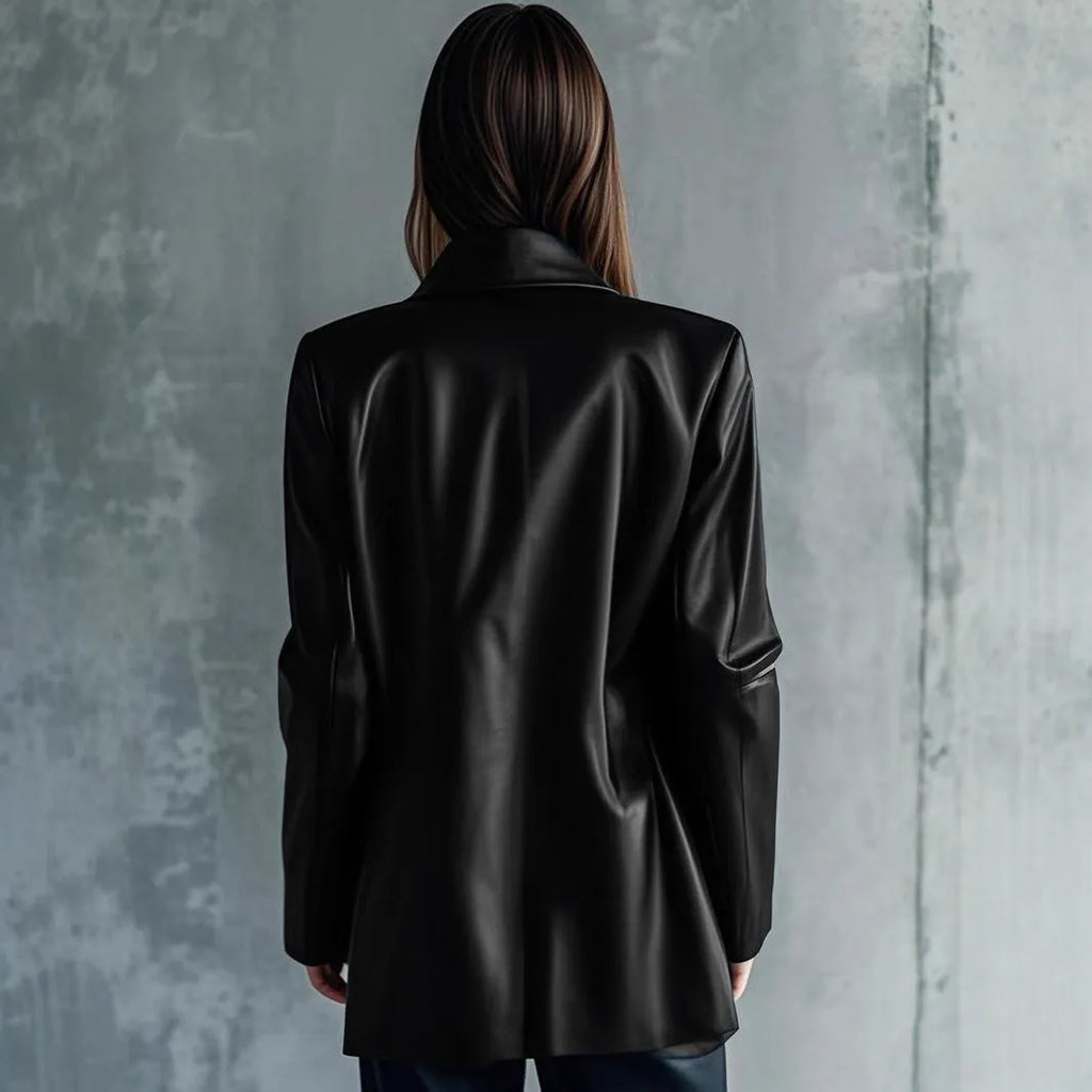 Black women's polyester leather jacket on a hanger, showing long sleeves and medium length.