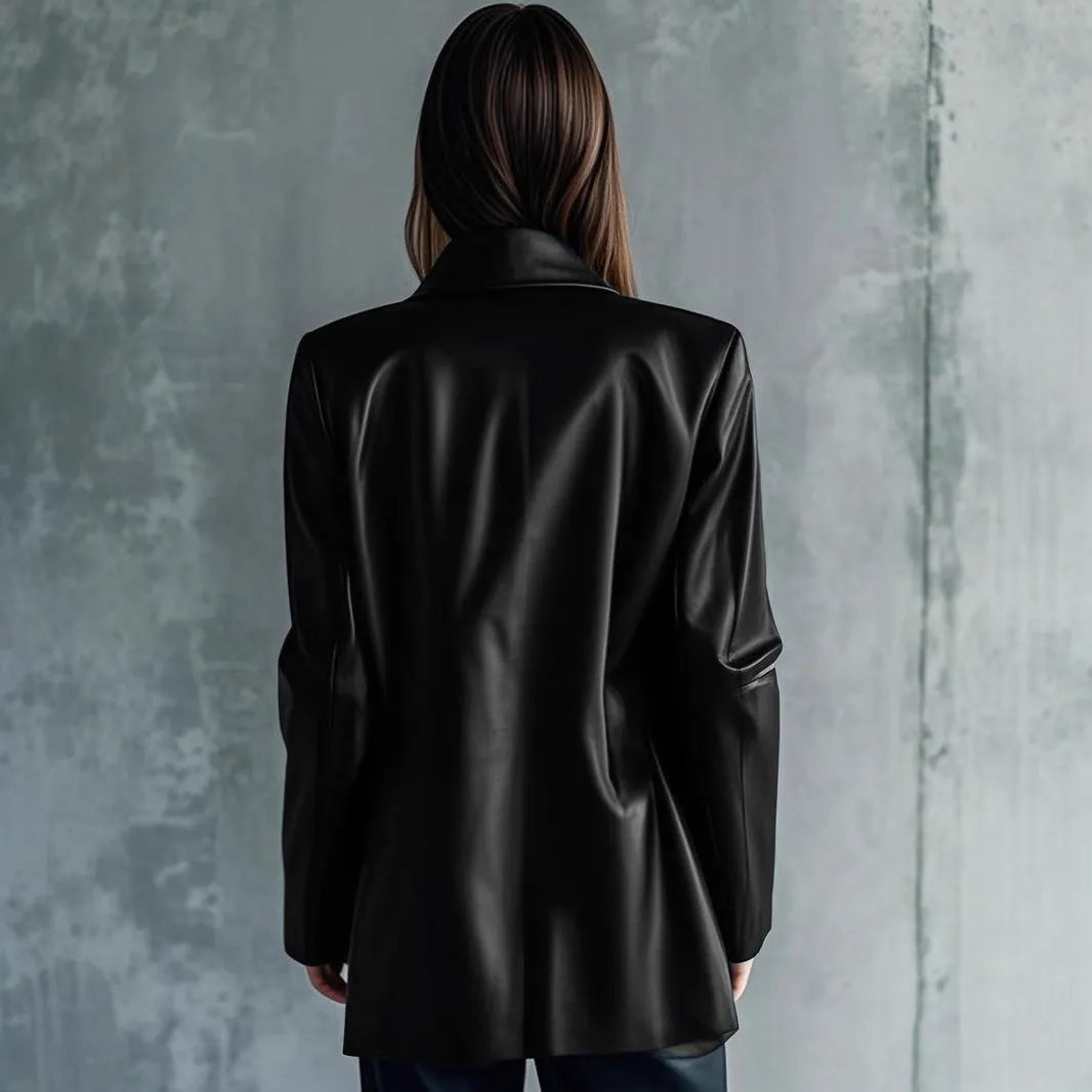 Black women's polyester leather jacket on a hanger, showing long sleeves and medium length.