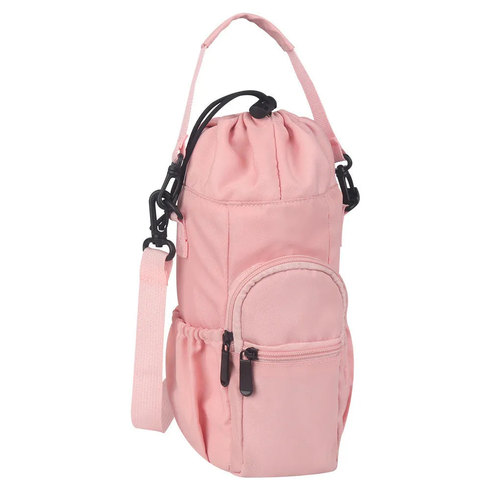Cloth water bottle shoulder bag with crossbody strap in black, green, or pink colour
