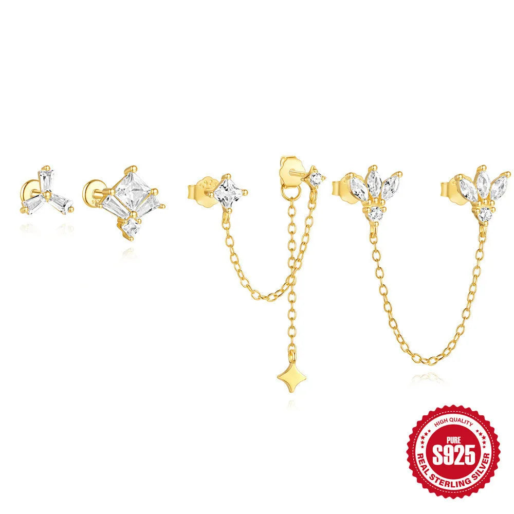 S925 sterling silver double ear piercings chain stud earrings with geometric design and zircon detailing