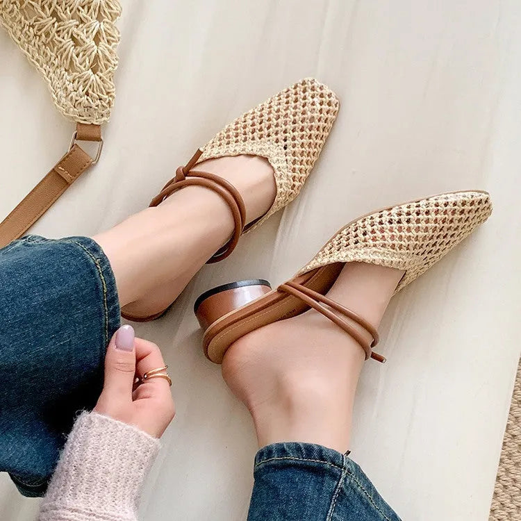 Women's French-style square toe outdoor slippers with hollow-out design and chunky retro heel