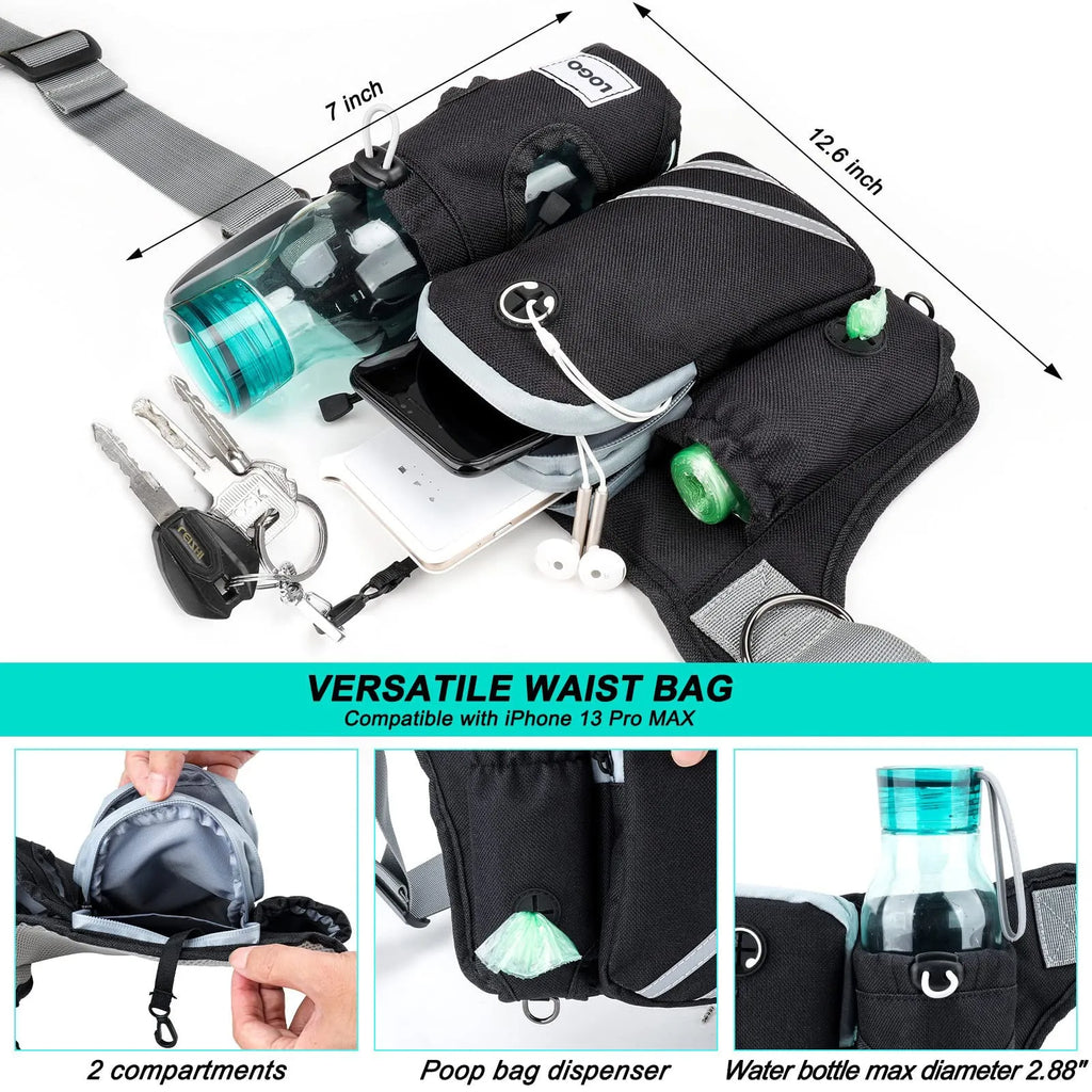 Black outdoor dog walking set with waist bag and leash combination for hands-free pet control