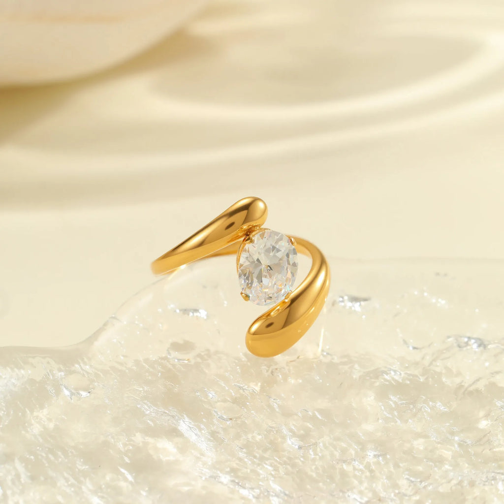 Geometric stainless steel ring with electroplated zircon stones in multiple colour options