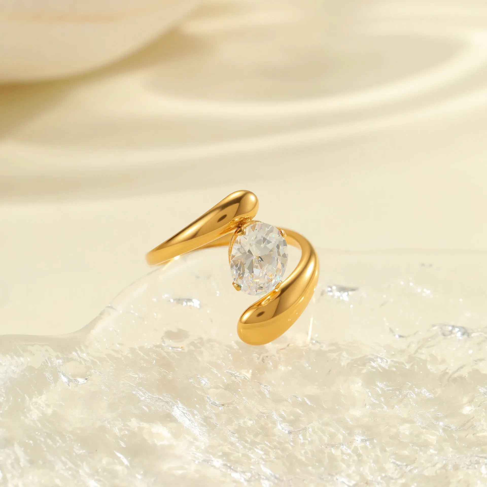 Geometric stainless steel ring with electroplated zircon stones in multiple colour options
