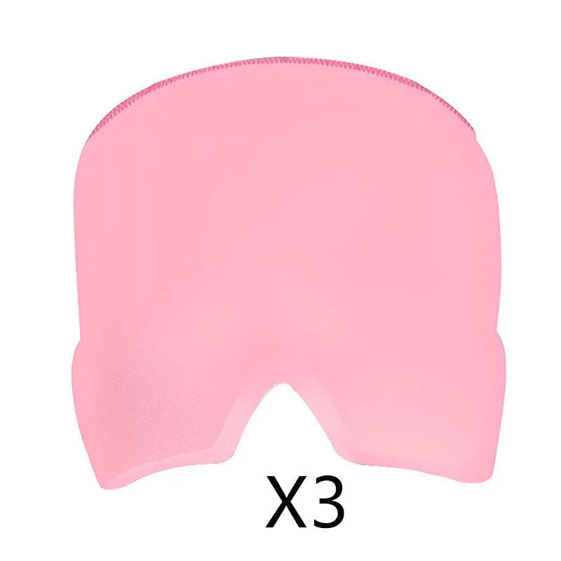 Black elastic cloth gel cold therapy eye mask for headache relief on grey background.
